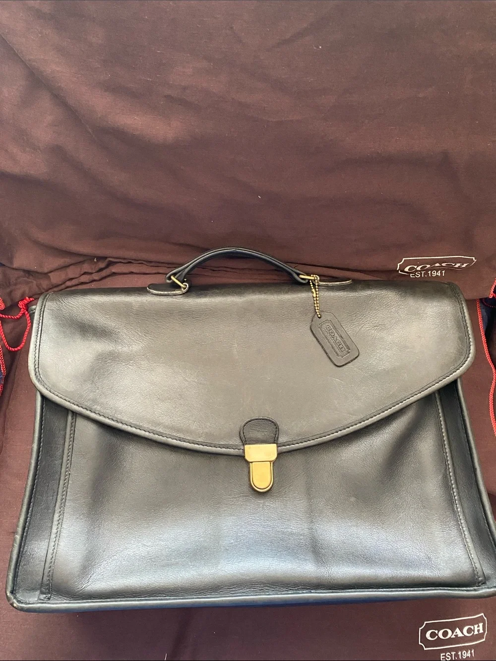 Coach Vintage Morgan Black Leather Briefcase with Brass Accent
